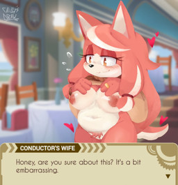 anthro areola big_breasts black_nose blush blush_lines bottomless breasts brown_clothing brown_sweater brown_topwear clothed clothing dialogue eyelashes female front_view fur genitals heart_symbol inverted_nipples navel nipples pink_areola pink_body pink_fur pink_nipples pink_pubes pubes raised_clothing raised_sweater raised_topwear ring slightly_chubby smile solo sweater text topwear vulva white_body white_fur wide_hips yellow_eyes drawchill_s sega sonic_the_hedgehog_(series) the_murder_of_sonic_the_hedgehog conductor's_wife_(sonic) conductor_(sonic) akita canid canine canis domestic_dog mammal spitz