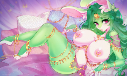 anthro areola bed big_breasts blush breasts chest_tuft ear_piercing eyebrows eyelashes female furniture gold_(metal) gold_bracers gold_jewelry green_body green_eyebrows green_hair hair huge_breasts inner_ear_fluff jewelry lips long_hair lying navel nipples on_bed paws piercing pillow pink_areola pink_lips pink_nipples pink_nose purple_eyes solo thick_thighs tuft white_body mokkapie lagomorph leporid mammal rabbit colored digital_drawing_(artwork) digital_media_(artwork) hi_res shaded