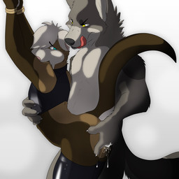 anal anal_fingering anal_penetration anthro anthro_fingered anthro_fingering anthro_fingering_anthro anthro_on_anthro bdsm black_nose blue_eyes bondage bottomwear bound brown_body brown_fur butt claws clothed clothing collar dominant dominant_male duo fingering fingering_partner fur glistening grey_body grey_fur hand_on_butt latex legwear licking licking_lips looking_back looking_down lube male male/male male_fingering_male male_penetrated male_penetrating male_penetrating_male narrowed_eyes nude open_mouth pants partially_clothed penetration pink_nose raised_arm self_lick sex shadow sharp_teeth shirt simple_background slave squint standing stockings submissive submissive_male teeth tongue tongue_out topwear white_background white_body white_fur yellow_eyes milligram_smile tre_(milligram_smile) canid canine canis domestic_ferret mammal mustelid musteline true_musteline weasel wolf 1:1