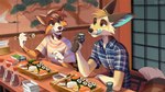 alcohol anthro beverage chopsticks clothing container cup drinking duo eating female food husband_and_wife inside makizushi male married_couple nigirizushi open_mouth painting pattern_clothing plaid plaid_clothing restaurant romantic romantic_couple sake sauce shirt striped_clothing stripes sushi topwear tray multyashka-sweet elly_(waywardmutt) riko_(kilometers) canid canine canis domestic_dog fennec_fox fish fox hybrid mammal marine red_fox true_fox 16:9 2021 widescreen