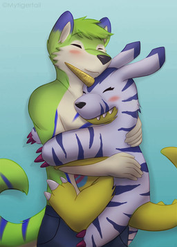anthro blush clothed clothing countershading duo eyes_closed male smile topless mytigertail bandai_namco digimon canid canine canis digimon_(species) domestic_dog gabumon mammal 2015 hi_res signature