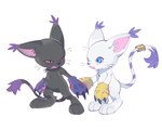 accessory ambiguous_gender annoyed anthro blush blush_stickers duo furgonomics hand_holding jewelry ring simple_background tail tail_accessory tail_jewelry tail_ring white_background zocehuy bandai_namco digimon blackgatomon digimon_(species) gatomon hi_res