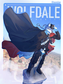 anthro black_bottomwear black_cape black_clothing black_pants black_uniform blue_body blue_fur bottomwear cape clothing fur looking_at_viewer male pants red_cape red_clothing solo standing white_body white_fur yellow_eyes asenjian canid canine canis mammal wolf 2025 cover hi_res magazine_cover