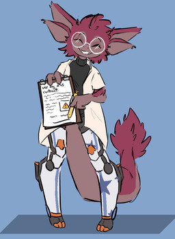 3_fingers 4_ears anthro arm_tuft black_clothing black_shirt black_topwear clothing coat contract eyes_closed eyewear fingers glasses grin holding_object looking_at_viewer male multi_ear paper pen_(object) prosthetic shirt smile solo text topwear tuft warning_sign white_clothing white_coat white_topwear coppermonoxide sinara_(centrix) resomi