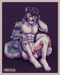 anthro balls big_penis blue_body blue_fur bodily_fluids erection fur genital_fluids genitals grey_body grey_fur hand_on_knee hand_on_leg humanoid_genitalia humanoid_penis male markings muscular muscular_male orange_body orange_fur penis precum purple_background simple_background sitting solo spots spotted_body spotted_fur whiskers white_body white_fur mario164xp felid mammal pantherine snow_leopard adversarial_noise hi_res