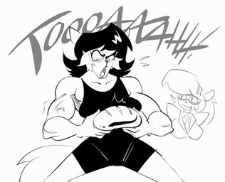 anthro bread breasts duo eyewear female food glasses hair humor muscular muscular_female open_mouth pun vein yelling hardtones hanna-barbera swat_kats callie_briggs felina_feral domestic_cat felid feline felis mammal monochrome