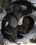 5_fingers anthro arrow_(weapon) biped blonde_hair bow_(weapon) branch brown_body brown_fur claws clothed clothing cold dark_body dark_fur dark_paws fingers footprint forest fur green_eyes grey_body grey_claws grey_ears grey_fur hair hide_(skin) hiding holding_object holding_weapon hunting jewelry light_body light_fur light_hair male necklace outside paws plant quiver_(object) ranged_weapon seeking short_hair sitting sneak sneaking snow snowpard solo toe_claws tree tuft weapon white_body white_ears white_fur winter poisewritik felid mammal pantherine snow_leopard 2017 cover digital_media_(artwork) hi_res