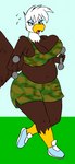 5_fingers anthro beak belly big_belly big_breasts black_eyebrows blue_eyeliner bodily_fluids bottomwear breasts brown_body brown_feathers camo camo_bottomwear camo_clothing camo_print camo_topwear cleavage clothed clothing day dumbbell exercise eyebrows eyelashes eyeliner feathered_wings feathers female fingers fully_clothed grass half-closed_eyes holding_object makeup midriff multicolored_body multicolored_feathers narrowed_eyes navel non-mammal_breasts open_beak open_mouth outside overweight overweight_anthro overweight_female pattern_bottomwear pattern_clothing pattern_topwear pink_tongue plant purple_eyes scutes skimpy sky slightly_chubby solo sweat sweatdrop thick_thighs tongue tongue_out topwear two_tone_body two_tone_feathers weights white_body white_feathers wide_hips winged_arms wings yellow_beak barn-flakes patricia_(barn-flakes) accipitrid accipitriform avian bald_eagle bird eagle sea_eagle 2022 digital_media_(artwork) flat_colors