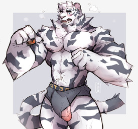 abs alcohol anthro beverage blush border bulge clothing container cup detailed_bulge drinking_glass drunk erection genital_outline genitals glass glass_container glass_cup grey_background holding_object humanoid_genitalia humanoid_penis male muscular muscular_anthro muscular_male navel nipples pecs penis penis_outline penis_poking_out shot_glass simple_background slipping_out solo standing substance_intoxication underwear unwanted_erection white_border makowolf1 arknights hypergryph studio_montagne mountain_(arknights) felid mammal pantherine tiger 2021 hi_res
