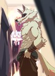 abs ambiguous_gender anthro arm_tuft arm_wrapping arm_wraps athletic black_clothing black_underwear blood blurred_background bodily_fluids bottomwear bottomwear_pull bulge butt cheek_tuft chest_tuft clothed clothing clothing_grab clothing_pull duo elbow_tuft eyewear facial_markings facial_tuft fangs first_person_view fitting_room fluffy fluffy_tail fur fuzzy glasses grey_body grey_fur half-closed_eyes head_markings hoodie looking_at_another looking_at_viewer male markings mask_(marking) mirror muscular muscular_male narrowed_eyes neck_tuft nosebleed offscreen_character open_mouth pants pants_grab pants_pull partially_clothed red_eyes reflection seductive side_view smile standing tail teeth topless topwear tuft underwear undressing undressing_self wide_eyed wrapped_arms wraps khatnid dreamworks puss_in_boots_(franchise) tight_pants_(meme) catnip_(khatnid) death_(puss_in_boots) canid canine canis domestic_cat felid feline felis mammal wolf absurd_res hi_res meme