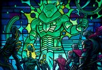 abstract_background ambiguous_gender anthro armor blue_background bone fingers green_aura green_body group holding_melee_weapon holding_object holding_polearm holding_spear holding_staff holding_weapon magic male melee_weapon muscular muscular_anthro muscular_male polearm simple_background size_difference skeleton skull spear staff stained_glass weapon yellow_eyes ivan_shavrin hasbro magic:_the_gathering wizards_of_the_coast lord_windgrace felid mammal pantherine 2022 digital_media_(artwork) hi_res official_art