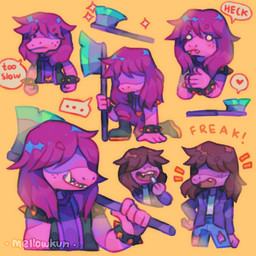 anthro axe biped book bottomwear bracelet brown_hair chalk clothing denim denim_bottomwear denim_clothing eating ellipsis female fist freckles frown grin hair hair_over_eyes hand_on_hip heart_symbol holding_object holding_weapon jacket jeans jewelry kneeling melee_weapon multiple_poses open_mouth pants pink_body pink_scales pose purple_hair scales sharp_teeth shirt simple_background smile snout solo speech_bubble spiked_bracelet spikes teeth text tomboy topwear torn_bottomwear torn_clothing torn_jeans torn_pants weapon wide_eyed yellow_background mellowkun deltarune undertale_(series) susie_(deltarune) monster reptile scalie 1:1 2018 digital_media_(artwork) english_text low_res watermark