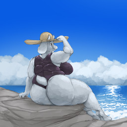 anthro big_breasts big_butt breasts butt clothing cloud eyelashes fangs feet female floppy_ears fur hat headgear headwear horn huge_breasts huge_butt lop_ears one-piece_swimsuit overweight overweight_female purple_clothing purple_swimwear rear_view sea sitting sky solo sun_hat swimwear teeth thick_thighs water white_body white_fur white_horn wide_hips yellow_eyes unfunnybill undertale_(series) toriel boss_monster_(undertale) bovid caprine goat mammal hi_res