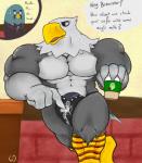 abs anthro beak beverage biceps big_muscles bow_(feature) bow_tie bulge clothing coffee dialogue duo eyewear facial_hair food front_view genitals glasses huge_muscles hyper hyper_muscles male muscular muscular_anthro muscular_male mustache pecs penis penis_base pose standing suit teasing text thong underwear undressing zipper zipper_underwear gs animal_crossing nintendo apollo_(animal_crossing) brewster_(animal_crossing) accipitrid accipitriform avian bald_eagle bird columbid eagle pigeon sea_eagle english_text