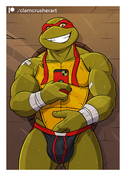 3_fingers accessory anthro bandage bodily_fluids bulge cellphone clothed clothing electronics fingers hand_in_underwear headband holding_object holding_phone jockstrap jockstrap_only looking_at_viewer male mirror mirror_selfie muscular muscular_anthro muscular_male pecs phone selfie shell smartphone smile smiling_at_viewer solo sweat teeth topless underwear underwear_only wraps wrist_wraps clamcrusher teenage_mutant_ninja_turtles raphael_(tmnt) reptile scalie turtle digital_media_(artwork)