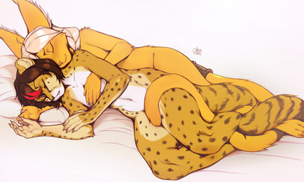 4_toes 5_fingers anthro biped breasts brown_body brown_fur brown_hair brown_spots brown_stripes brown_tail claws countershade_torso countershading duo eyes_closed feet female finger_claws fingers fur hair handpaw lying markings navel nude nude_anthro nude_female on_side paws pillow sleeping spots spotted_body spotted_fur striped_markings striped_tail stripes tail tail_markings toes shermugi felid feline mammal 2026 absurd_res digital_drawing_(artwork) digital_media_(artwork) hi_res