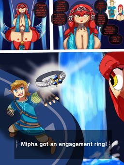 big_breasts blonde_hair blue_eyes breasts clothed clothing countershading digit_ring engagement_ring female hair heart_eyes heart_symbol huge_breasts huge_thighs humanoid_pointy_ears jewelry light_body light_skin lips macro multicolored_body multicolored_skin pointy_ears pupils red_body red_lips red_skin short_hair sitting speech_bubble tan_body tan_countershading text thick_thighs two_tone_body two_tone_skin mackdazzle age_of_calamity breath_of_the_wild nintendo the_legend_of_zelda link mipha aquatic fish humanoid hylian zora 3:4 comic english_text hi_res