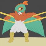 1:1 abs anthro avian balls beak big_muscles biped bird bodily_fluids feathers fighting_ring flat_colors foreskin front_view generation_6_pokemon genitals half-erect hawlucha hi_res humanoid_genitalia humanoid_penis leaning leaning_backward long_foreskin male mask muscular muscular_anthro muscular_male nintendo non-mammal_balls nude open_mouth pecs penis pokemon pokemon_(species) posexe simple_background solo standing sweat