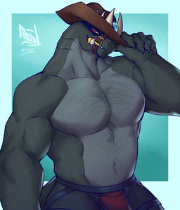 5_fingers anthro belt biceps bulge clothing collarbone cowboy_hat fingers gills gold_(metal) gold_tooth hat headgear headwear jockstrap male mostly_nude muscular muscular_male pecs smile smiling_at_viewer smirk smirking_at_viewer solo tipping_hat underwear abzel bandit_(banditstavern) aquatic fish salmonid_(fish) 2025 digital_media_(artwork) digital_painting_(artwork) painting_(artwork) signature watermark