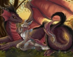 anthro cuddling detailed_background duo female feral grass male membrane_(anatomy) membranous_wings nature outside plant size_difference sunset tail wings suicidalmuffins european_mythology mythology laufa salthanath dragon mythological_creature mythological_scalie scalie western_dragon