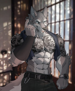 abs anthro arm_tattoo belt black_bottomwear black_clothing black_pants blue_eyes bottomwear chest_tattoo clock clothing fur grey_body grey_fur inside light light_beam male muscular muscular_anthro muscular_male nipples pants pecs shoulder_tattoo solo sunbeam sunlight tattoo towel towel_around_neck watch whiskers window wristband wristwatch ten28091589 furambition canid canine canis mammal wolf 2023 absurd_res hi_res