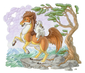 4_toes 5_fingers brown_body brown_fur claws duo feet feral fingers fur holding_melee_weapon holding_object holding_sword holding_weapon landscape male melee_weapon nude on_hind_legs open_mouth orange_body orange_fur plant riding side_view size_difference straddling sword tail toes tree weapon white_body white_fur wood yellow_body yellow_fur katie_hofgard canid canine canis mammal wolf 2007 detailed traditional_media_(artwork)