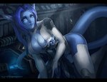 5_fingers anthro black_bars blue_body blue_eyes blue_hair blue_skin breasts clothed clothing detailed_background duo female fingers hair male white_hair juliathedragoncat alien digital_media_(artwork)