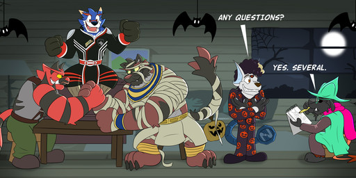 3_eyes anthro arm_wrestling clothing cosplay costume crossover_cosplay cybernetic_eye cybernetic_limb cybernetic_tail cybernetics group halloween_decoration holidays machine male multi_eye mummy_costume mummy_wrappings night sitting_on_stool speech_bubble overkelion bandai_namco deltarune digimon halloween nintendo pokemon power_rangers undertale_(series) david_s._pumpkins doggie_kruger kelion mike_haggar ralsei rook_(digimon) tahu_(incineroar) vince_(kelion) zalno bovid caprine caprine_demon demon digimon_(species) felid generation_7_pokemon goat goat_demon incineroar machgaogamon mammal pantherine pokemon_(species) tiger crossover hi_res
