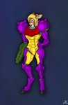 armor blonde_hair cannon curvy_figure female gravity_suit hair hourglass_figure ranged_weapon simple_background solo thick_thighs thin_calves varia_suit weapon wide_hips dephacious metroid nintendo super_metroid samus_aran deer mammal crossover hi_res