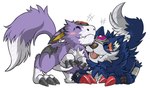 anthro blep blue_body blue_fur blush claws duo feral forehead_gem fur gem male nuzzling purple_body purple_fur smile tongue tongue_out portugueselynx bandai_namco digimon canid canine canis digimon_(species) dorumon loogamon mammal wolf x-digimon