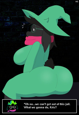 anthro big_breasts big_butt big_ears biped black_body black_fur breasts butt clothing crossgender curvy_figure dialogue eyebrows eyelashes eyewear female floppy_ears fur glasses hat headgear headwear horn huge_breasts huge_butt long_ears lop_ears mtf_crossgender presenting scarf simple_background sitting solo text thick_thighs voluptuous white_eyes wide_hips witch_hat hoodie_stalker deltarune undertale_(series) ralsei bovid caprine darkner goat mammal 2019 english_text hi_res