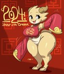 2024 anthro asian_clothing big_breasts biped bottomless bottomless_anthro bottomless_female breasts chinese_clothing chinese_new_year chinese_zodiac clothed clothing east_asian_clothing english_text eyelashes featureless_crotch female hi_res holidays joaoppereiraus kobold open_mouth pupils reptile scalie signature smile solo tales_of_sezvilpan text thick_thighs tiki_(joaoppereiraus) year_of_the_dragon yellow_body