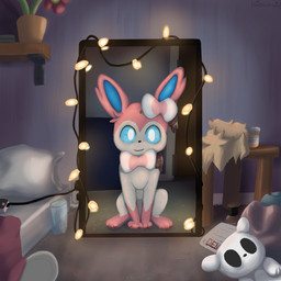 bandage bed bedroom blood bodily_fluids bow_ribbon clothes_pile clothing electronics feral flower furniture happy mattress mirror paws phone pill_bottle plant plushie ribbons sewing_needle sewing_spindle solo poofythedragon nintendo pokemon rain_world videocult eevee eeveelution generation_1_pokemon generation_6_pokemon pokemon_(species) slugcat sylveon 1:1 absurd_res hi_res