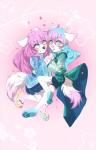 4_toes 5_fingers ambiguous_gender anthro barefoot blue_eyes blue_hair clothed clothing duo feet femboy fingers hair looking_at_viewer pink_hair pink_nose simple_background toes white_background rikitoka canid canine canis domestic_dog mammal hi_res