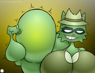 anthro bedroom_eyes big_breasts big_muscles breasts cheek_tuft clothing emanata eyelashes facial_markings facial_tuft fedora female flash_emanata flexing flexing_bicep fur glowing green_body green_fur grin growth hat head_markings headgear headwear heart_nose heart_symbol huge_breasts huge_muscles hyper hyper_biceps hyper_muscles logo markings mask_(marking) muscle_growth muscular narrowed_eyes seductive shirt smile solo spherical_breasts text topwear tuft thatdawgmurray happy_tree_friends shifty_(htf) mammal procyonid raccoon aliasing artist_logo artist_name digital_media_(artwork) english_text hi_res signature