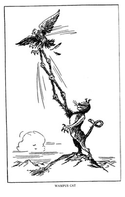 ambiguous_gender claws cloud duo ear_tuft extended_arm feathered_wings feathers feral flying fur mountain outside sky smile text tuft whiskers wings margaret_tryon accipitrid accipitriform ambient_bird avian bald_eagle bird domestic_cat eagle fearsome_critter felid feline felis mammal sea_eagle wampus_cat 1939 20th_century ancient_art black_and_white english_text hi_res monochrome