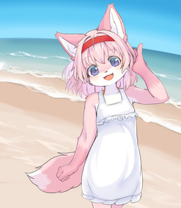 accessory anthro beach clothing collarbone countershading dipstick_tail dress female flat_chested fur hair hair_accessory hairband happy kemono looking_at_viewer markings pink_body pink_fur pink_hair pink_tail purple_eyes smile solo standing tail tail_markings touching_hair white_body white_clothing white_dress white_fur young young_anthro young_female canopus335 momotaro_(giridechoco) canid canine mammal hi_res portrait three-quarter_portrait
