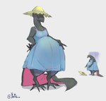 annoyed anthro anthrofied blush bodily_fluids clothed clothing digitigrade dress female flat_chested hand_on_belly hand_on_hip hat headgear headwear hyper hyper_pregnancy long_toes mature_female pregnant pregnant_anthro pregnant_female purple_eyes reaching simple_background solo sun_hat sundress sweat tail thick_tail thick_thighs translucent translucent_clothing white_background wide_hips yutic nintendo pokemon generation_7_pokemon pokemon_(species) salazzle hi_res multiple_images sketch