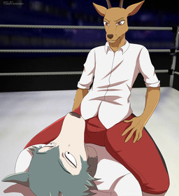 5_fingers anthro arena bottomwear clothing crowd fighting_ring fingers group open_mouth pajamas pants pinned pinned_to_ground red_bottomwear red_clothing red_pants shirt sitting_on_another spread_legs spreading suggestive_pose text topwear white_clothing white_shirt white_topwear wrestling tommysamash beastars netflix legoshi_(beastars) louis_(beastars) canid canine canis cervine deer mammal red_deer wolf 2022 artist_name digital_media_(artwork) hi_res