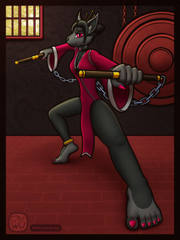 5_fingers 5_toes anthro barefoot breasts chain clothing colored_nails colored_toenails feet female fingers fur hair holding_object humanoid_feet humanoid_hands looking_at_viewer melee_weapon nails nunchaku plantigrade smile solo standing tip_tease toenails toes topwear weapon wu_capy xue_daiyu_(wu_capy) canid canine canis mammal wolf digital_media_(artwork) hi_res