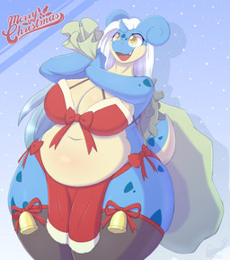 anthro anthrofied bell big_breasts biped bra breasts cleavage clothed clothed_anthro clothed_female clothing female female_anthro holidays huge_breasts logo pokemorph pose sack simple_background snow solo text thick_thighs underwear wide_hips snackbunnii christmas nintendo pokemon generation_1_pokemon lapras pokemon_(species) artist_logo artist_name cel_shading digital_drawing_(artwork) digital_media_(artwork) english_text hi_res portrait shaded three-quarter_portrait