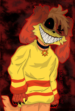 anthro cheek_tuft collar corruption facial_tuft fluffy fluffy_tail looking_at_viewer male possession red_eyes smile solo sun tail tuft yellow_body mar10-k4rt mob_entertainment nightmare_critters poppy_playtime smiling_critters dogday_(poppy_playtime) canid canine canis domestic_dog mammal absurd_res hi_res