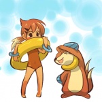 1:1 ambiguous_gender barefoot bracelet brown_hair buizel clothed clothing cosplay duo eyes_closed feet female feral fur generation_4_pokemon glistening hair hand_on_hip hitec human inflatable inner_tube jewelry long_hair mammal nintendo one-piece_swimsuit open_mouth orange_body orange_fur orange_hair pokemon pokemon_(species) ponytail pool_toy raised_arm simple_background standing stretching swim_ring swimwear tail tan_body tan_skin toony