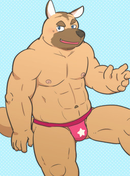 anthro black_nose blue_eyes blush brown_body bulge clothing cute_fangs fangs humanoid_hands kemono male muscular muscular_male sitting solo teeth underwear kick_(artist) canid canine canis domestic_dog mammal 2015