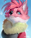 anthro black_nose blue_eyes breasts clothed clothing female fur hair pink_body pink_fur pink_hair solo juliathedragoncat 2021 digital_media_(artwork) hi_res