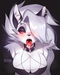 ahegao anthro big_breasts blush bodily_fluids breasts clothed clothing collar cum cum_in_mouth cum_inside cum_on_face dripping drooling ear_piercing ear_ring eyebrow_piercing eyebrow_ring eyeshadow facial_piercing fangs female furgonomics furry-specific_piercing genital_fluids hair looking_pleasured makeup mouth_shot open_mouth oral_invitation piercing ring_piercing saliva saliva_drip saliva_on_tongue saliva_string solo sweat sweatdrop teeth tongue tongue_out topwear ikstina helluva_boss mythology loona_(helluva_boss) canid canid_demon canine canine_demon demon hellhound mammal mythological_canine mythological_creature 4:5 absurd_res digital_media_(artwork) hi_res