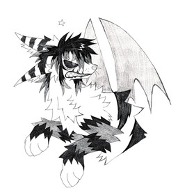ambiguous_gender anthro arm_tuft black_hair black_stripes chest_tuft clenched_teeth frown fur hair handpaw paws simple_background solo star striped_arms striped_body striped_ears striped_fur stripes teeth tuft whiskers white_background wings thorn_paw canid canine mammal monster 2025 digital_drawing_(artwork) digital_media_(artwork) greyscale half-length_portrait hi_res monochrome portrait