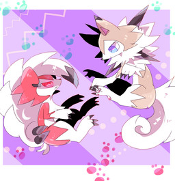 anthro brown_body brown_fur chibi claws duo fangs feral footprint fur glowing glowing_eyes hair looking_at_another pawpads pawprint pink_inner_ear pink_pawpads purple_background red_body red_fur simple_background smile spikes teeth toe_claws tuft white_body white_fur white_hair kohitsuji nintendo pokemon generation_7_pokemon lycanroc midday_lycanroc midnight_lycanroc pokemon_(species)