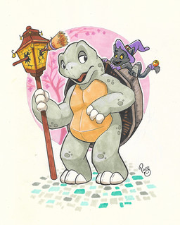 accessory ambiguous_anthro ambiguous_gender anthro bell black_body black_fur brown_shell clothing duo fur furgonomics green_body hat headgear headwear lamp lantern male male_anthro nude open_mouth purple_clothing purple_hat purple_headwear red_tongue shell standing tail tail_accessory tail_bell tongue witch_hat yellow_eyes young young_ambiguous young_anthro pandapaco domestic_cat felid feline felis mammal reptile scalie turtle