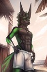 accessory anthro athletic athletic_anthro athletic_male bar beach black_body black_fur blue_eyes bottomwear clothing feather_in_hair feather_necklace feathers fur green_body green_fur hair hair_accessory male muscular muscular_male palm_tree plant seaside shorts solo swimming_trunks swimwear tall tiki tiki_bar tree kristiana_puff canid canine canis hybrid jex mammal rexouium wolf hi_res